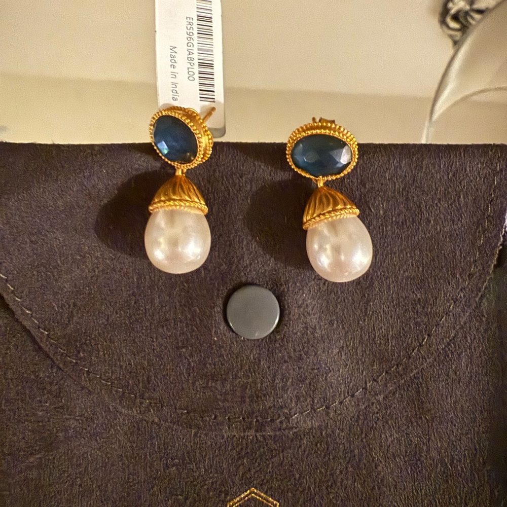 NWT - Julie Vos Gold and Blue Drop Earrings with Baroque Pearls